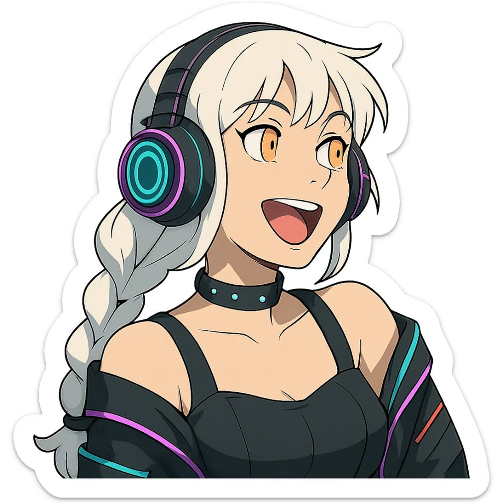 she is listening to music in headphones and JAMMIN!, a closeup portrait of young woman with gold yellow eyes, white hair, long braid, black off-shoulder top d-cup, punk gothic style, futuristic cyberwave cyberpunk,  sticker