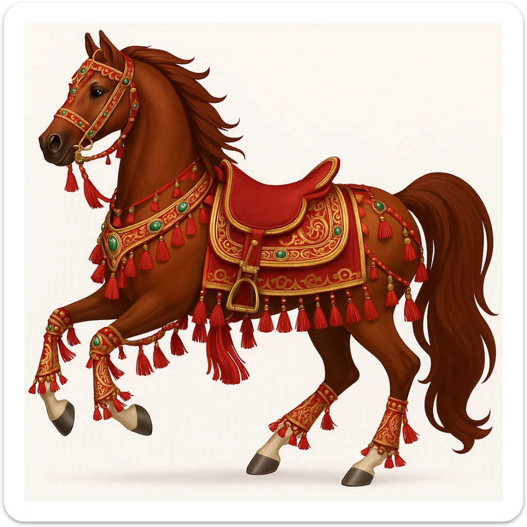 Add traditional Arabian tack and ornate decorations to the Saudi Arabian horse in emoji style, keeping the galloping pose with traditional Arabian saddle as is. sticker
