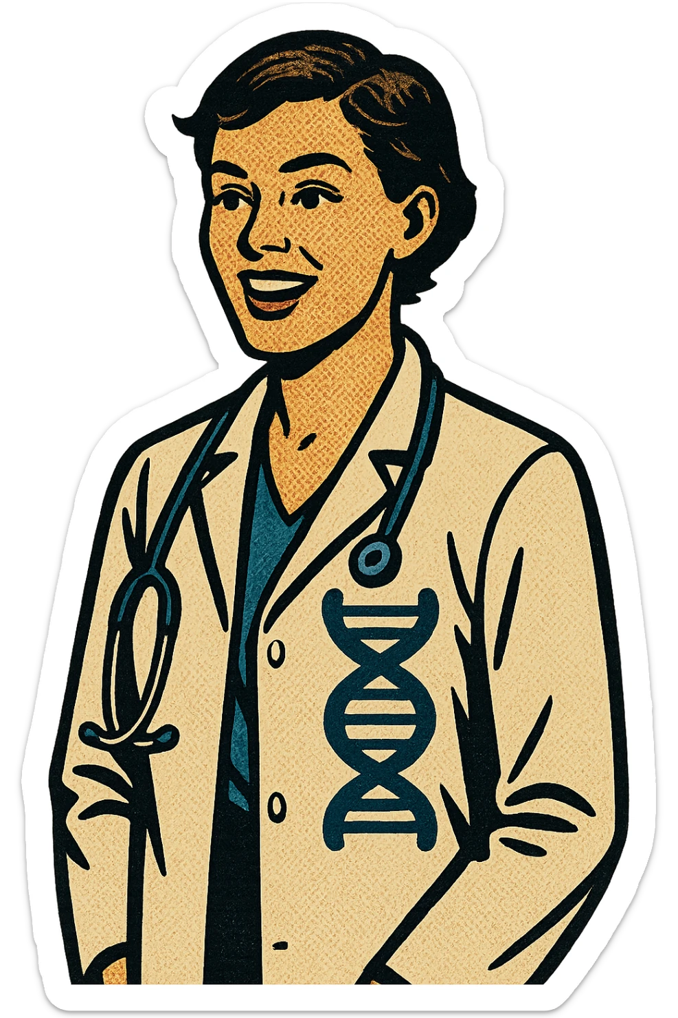 A modern female doctor with short hair wearing a coat with DNA on it sticker