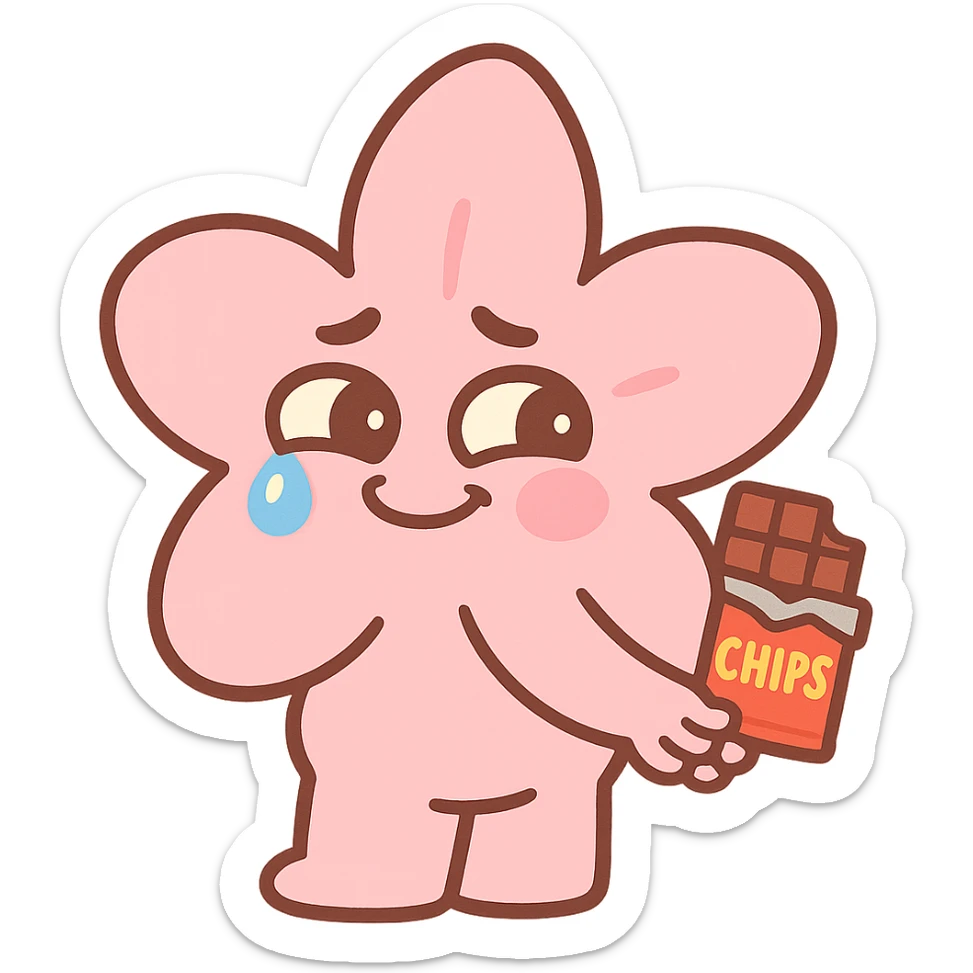baby pink cherry blossom flower with teary eyes and a mischievous smile, hiding snacks behind its back, soft chubby body, kawaii face, pastel-toon style sticker