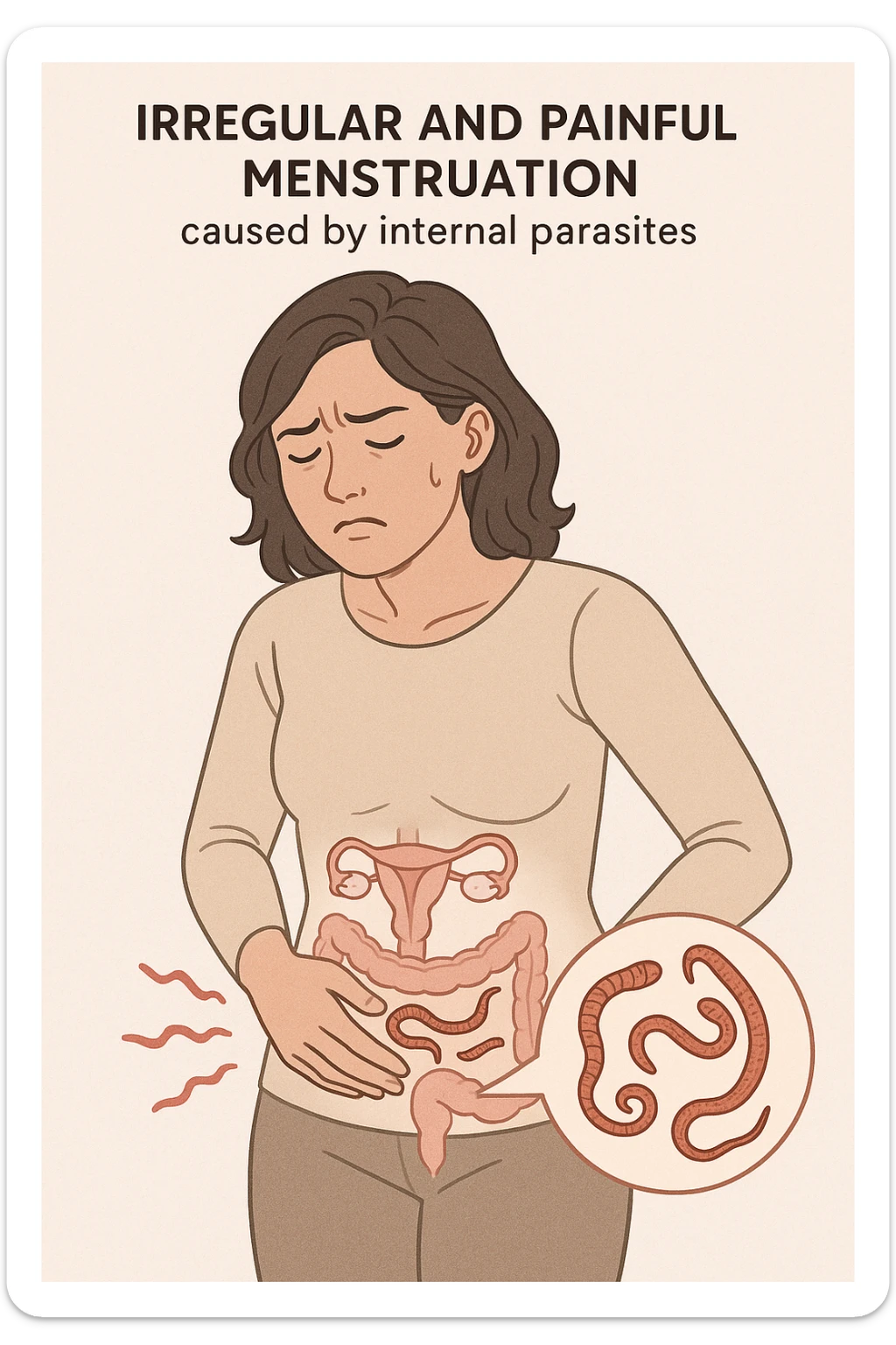 Donna con ciclo irregolare e doloroso a causa dei parassiti in italiano sticker