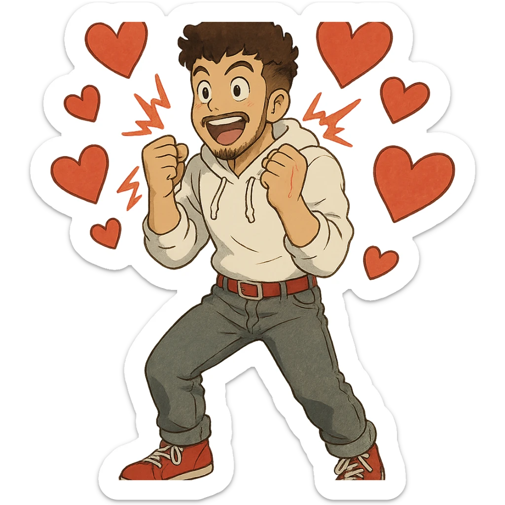 a burst of heart shapes that fits the theme: 1 male, mid fade haircut dark chestnut brown curly hair, toasted lightskin, white hoodie sleeves up, gray fashion jeans, red fashion-sneakers shoes, red belt, short trimmed beard and goatee,  style of deku from "my hero academia",  doing a "i adore that!" exclaimation pose with red electricity, sticker