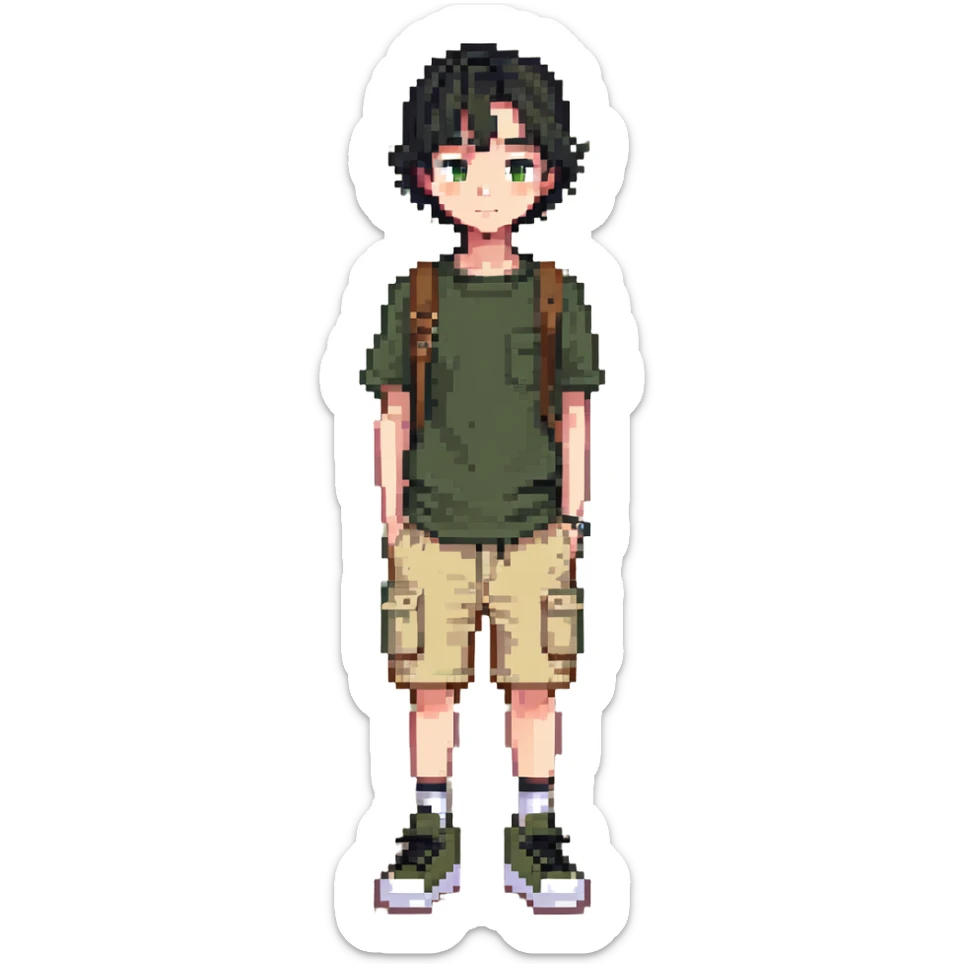 boy wearing an olive-green shirt over a brown T-shirt with beige cargo shorts sticker