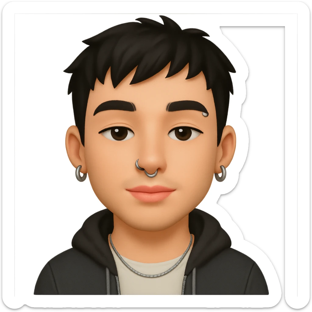 Modern AI emoji of a young man with short slightly messy black hair, fair skin, pink lips, nose and eyebrow piercings, silver earrings, thin chain necklace, casual trendy clothing like hoodie or jacket over t-shirt, neutral or confident expression, relaxed eyes, soft cartoonish but realistic finish, focus on face and accessories sticker