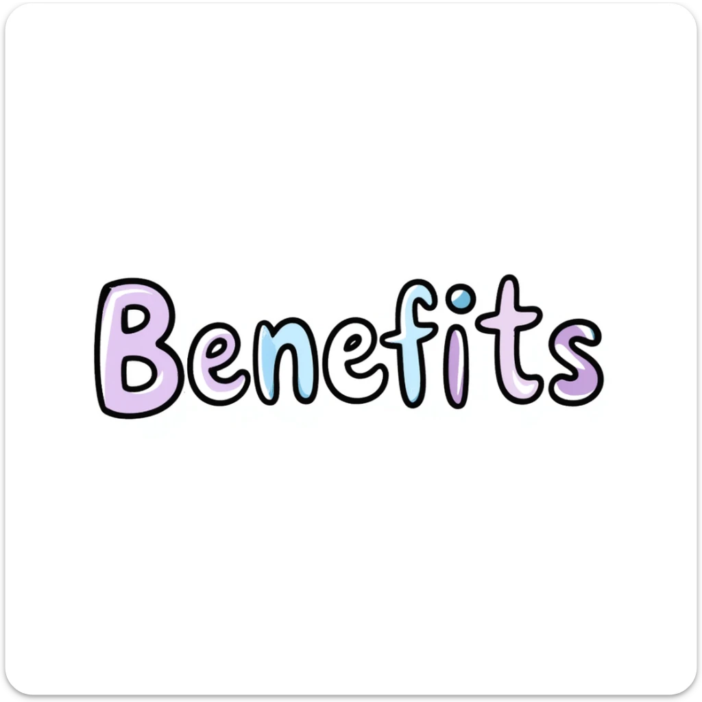 The word "Benefits" hand-drawn in white text with a few purple and blue color accents. Simple doodle style with clean design. sticker