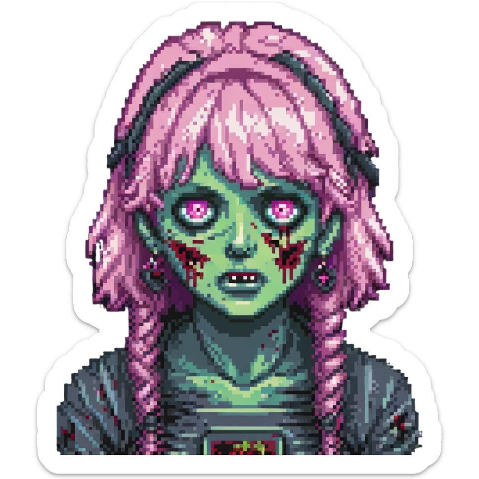 close-up face of girl zombie with pink hair and bangs, pixel art style sticker