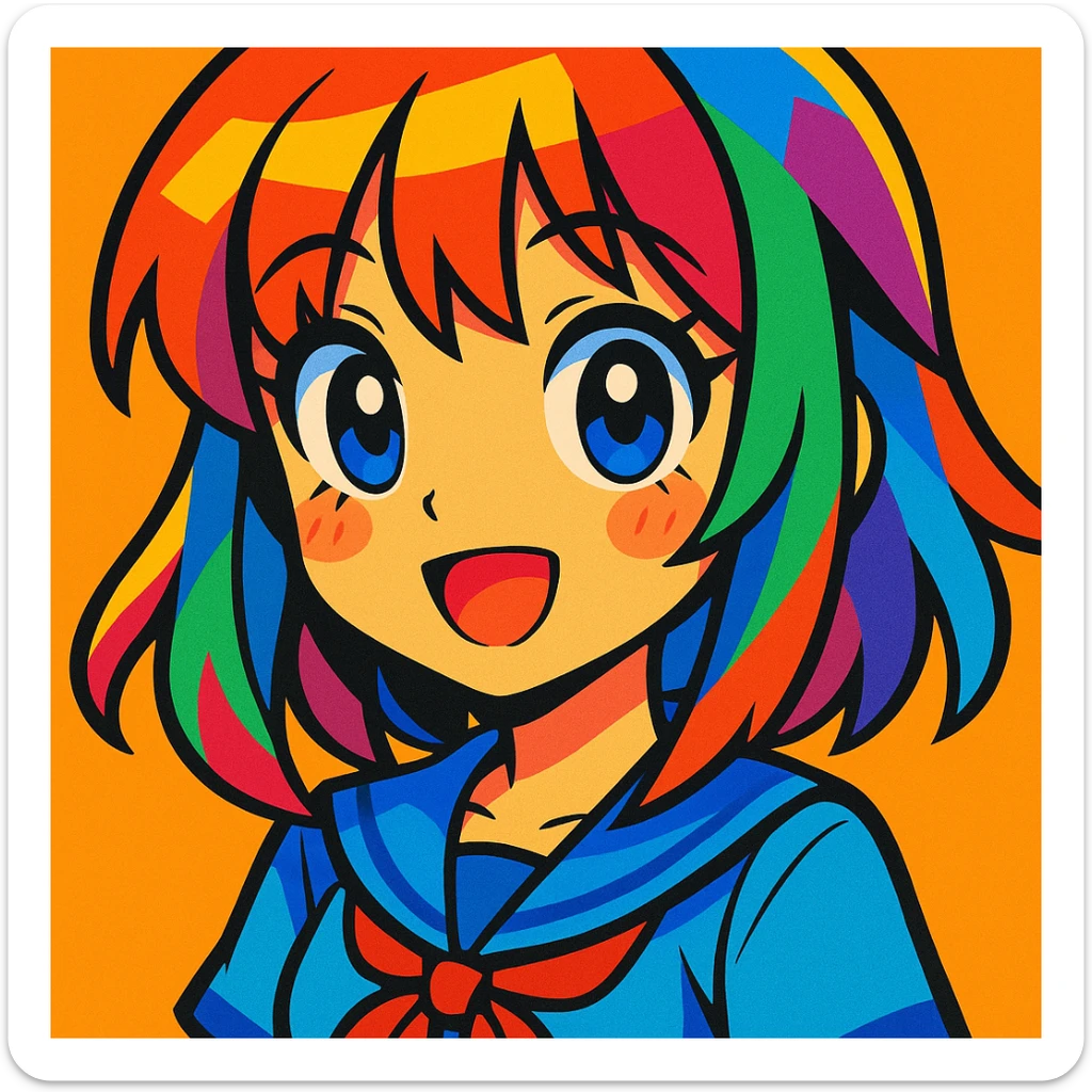 anime girl, big eyes, colorful hair, vibrant toon style sticker