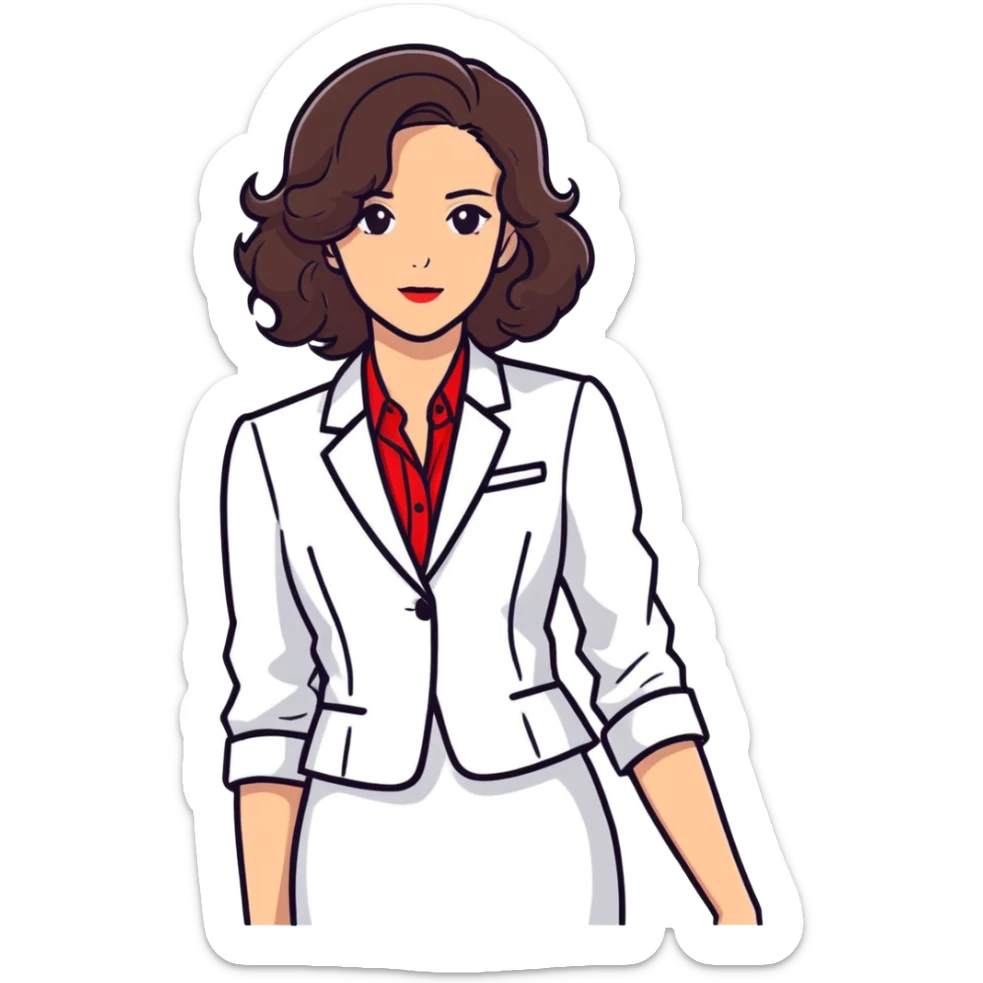brunette woman with wavy hair, wearing a white dress shirt and red blazer sticker