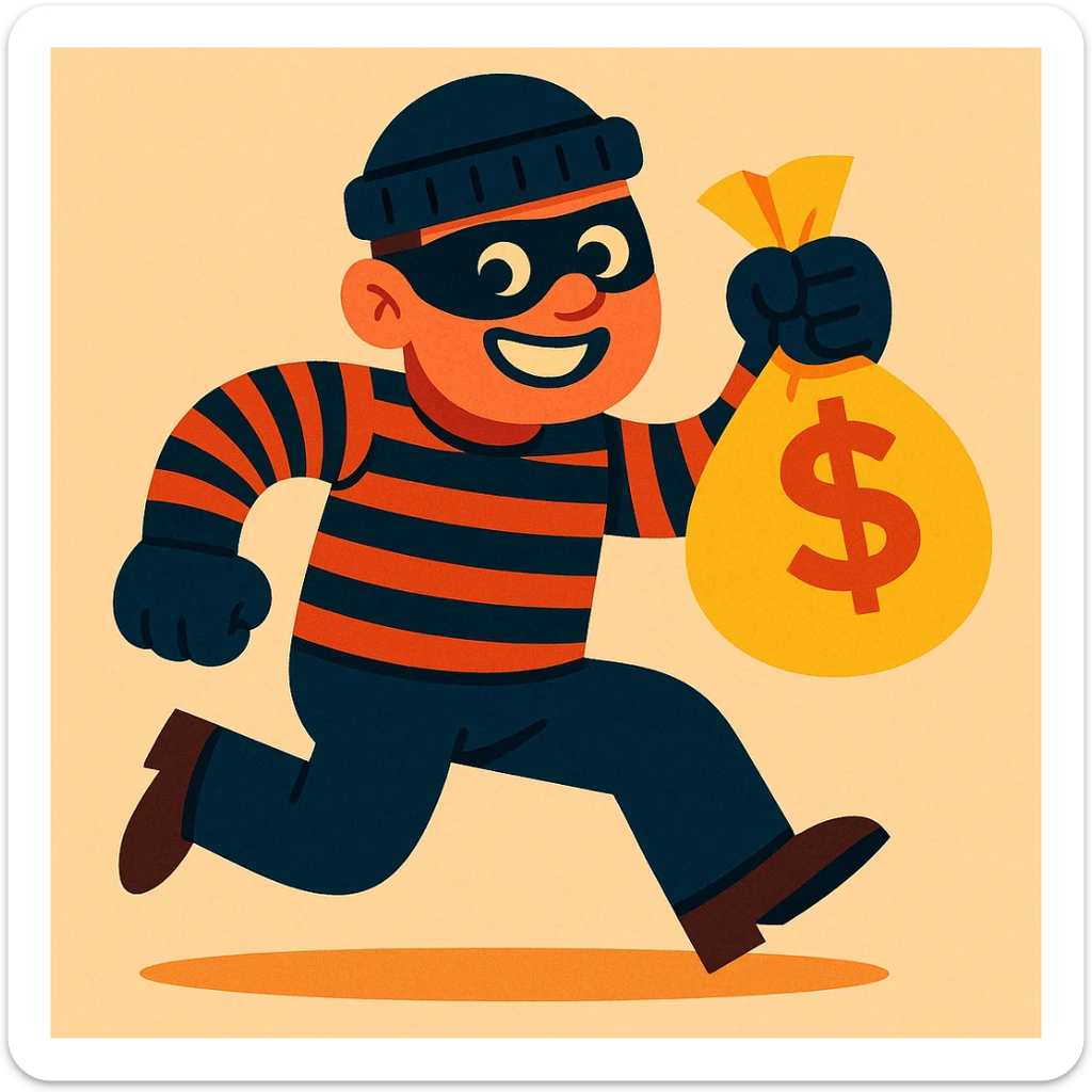 playful illustration of a robber character with mask, striped shirt, and money bag sticker