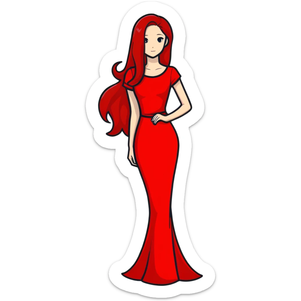 Fair-skin elegant girl in red long dress with long red hair sticker