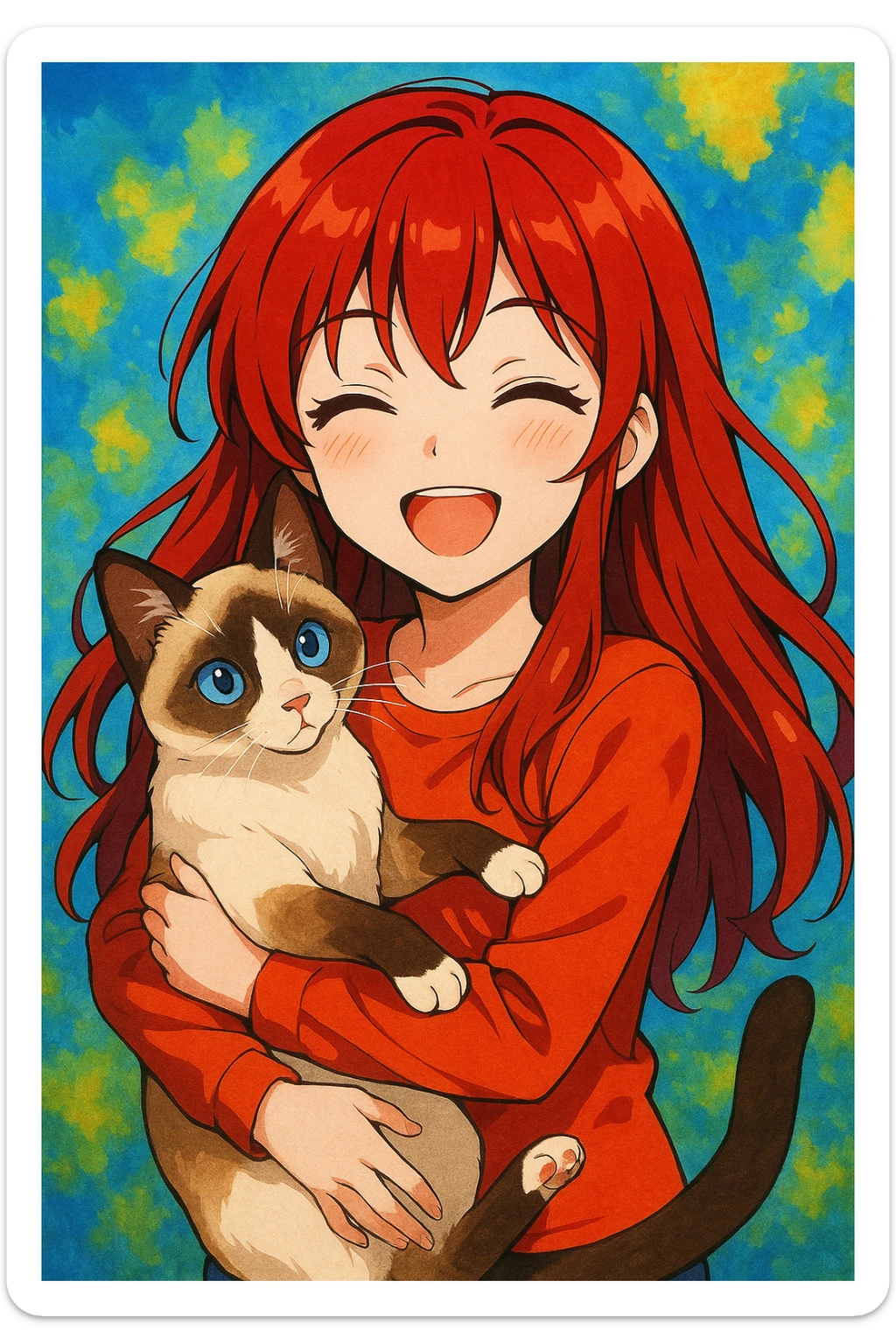 A dark red haired girl smiling with a snowshoe cat in her arms, vibrant colors, anime-inspired style sticker