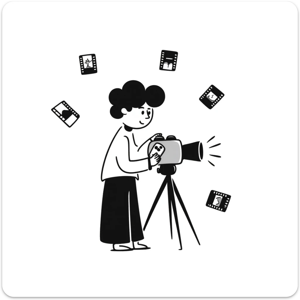 Hand-drawn film strips and an old school film camera with a photographer sticker