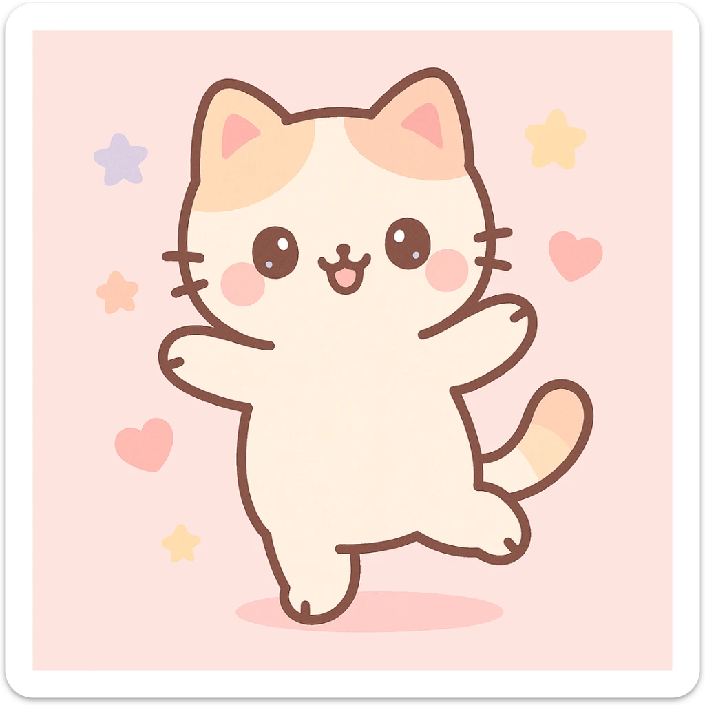 gato bailando, estilo kawaii, adorable, colores pastel, ilustración tierna sticker