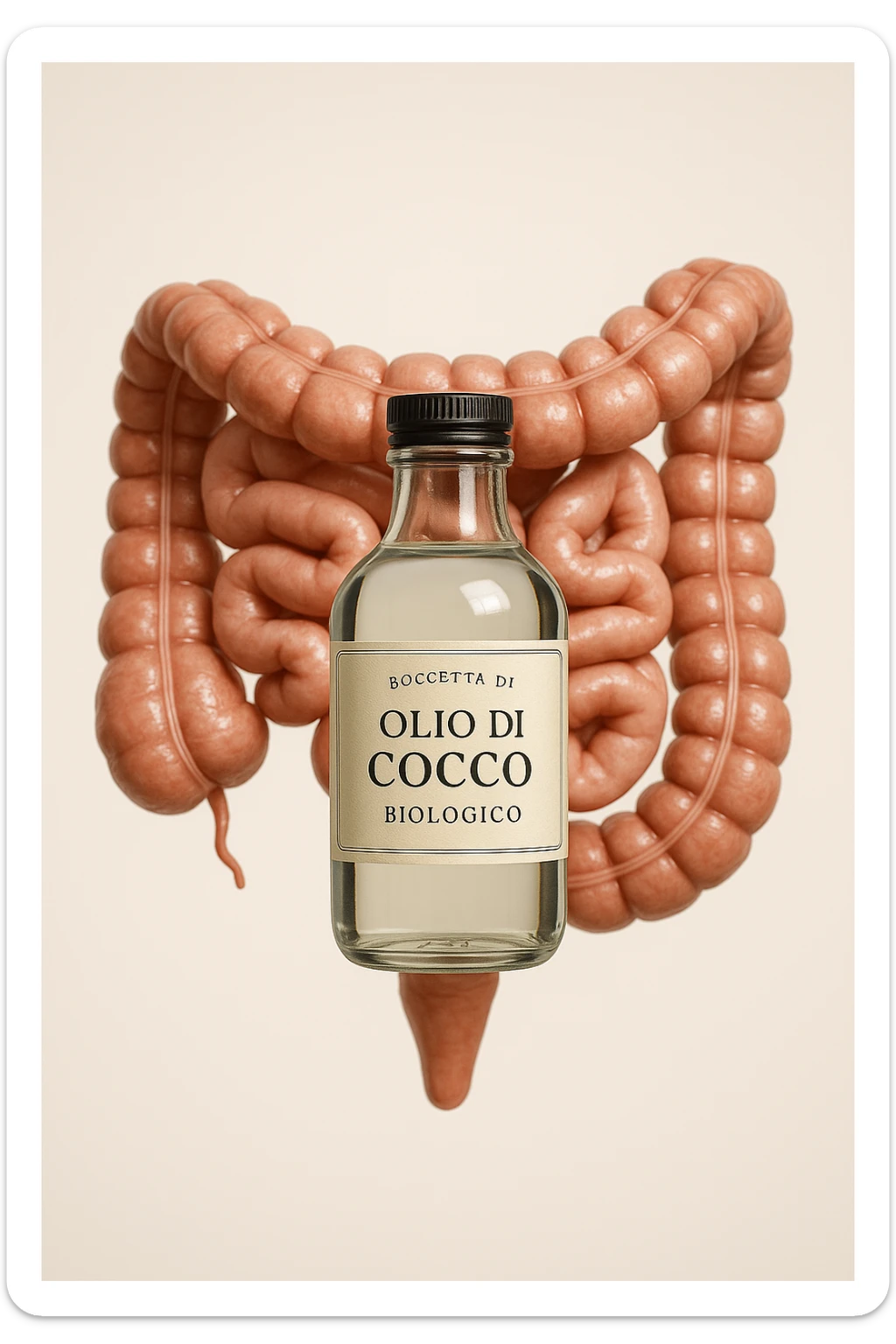 BOCCETTA DI OLIO DI COCCO BIOLOGICO (FAI UN ETICHETTA SUL PRODOTTO IN ITALIANO) CHE FLUTTUA IN ARIA DAVANTI A UN INTESTINO UMANO ANATOMICO IN PERFETTA SALUTE, SFONDO CHIARO, iperrealistico 4k sticker