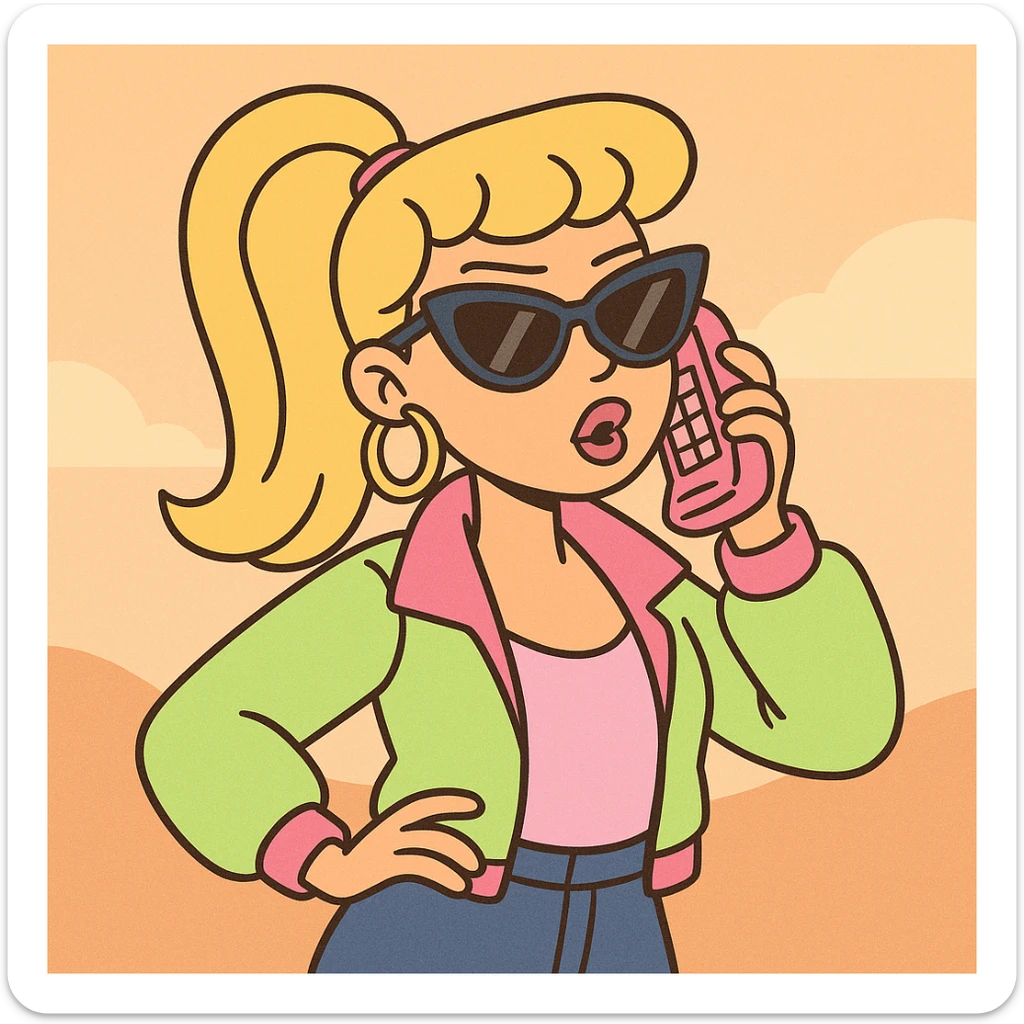 valley girl talking on a pink phone, wearing oversized sunglasses, hoop earrings, neon jacket, sassy pose sticker
