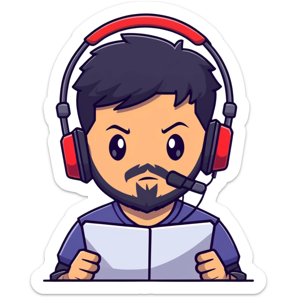 Detailed anime-style character with textured black hair, intense brown eyes, well-groomed black beard, and gaming headset with mic, dramatic anime lighting, detailed face sticker