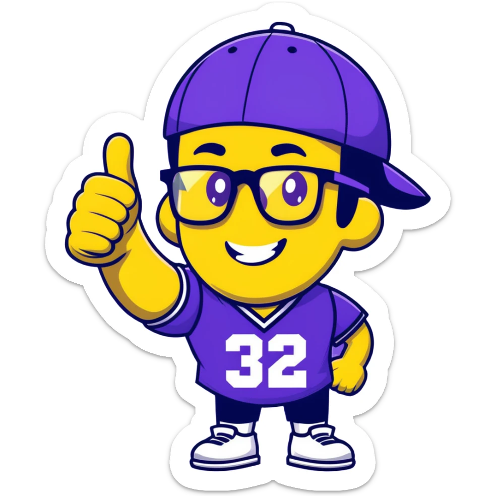 Man with black and white cap, purple sports jersey with number 32, glasses, mullet hairstyle, thumbs up gesture sticker