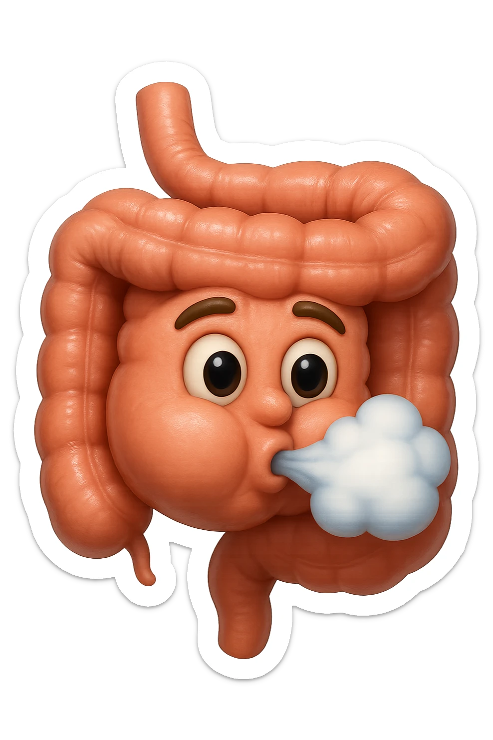 emoji stile iphone di un intestino che ingoia una nuvoletta di aria ben visibile e gli si gonfia la pancia, non fargli il naso, iperrealistico 4k sticker