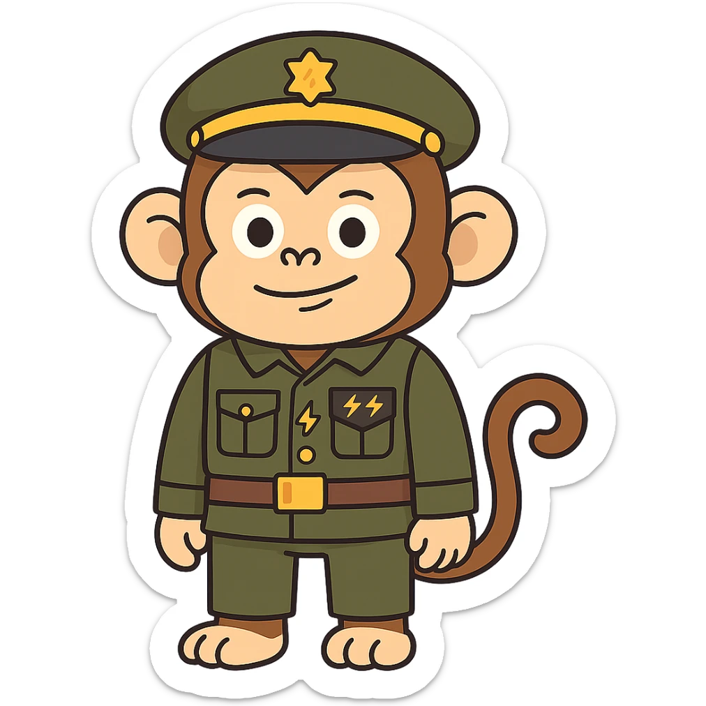 Make the monkey in a military uniform more cartoony style. Add the insignia of the Monkey Army on the uniform, consisting of two lightning bolts. Keep the background transparent. sticker