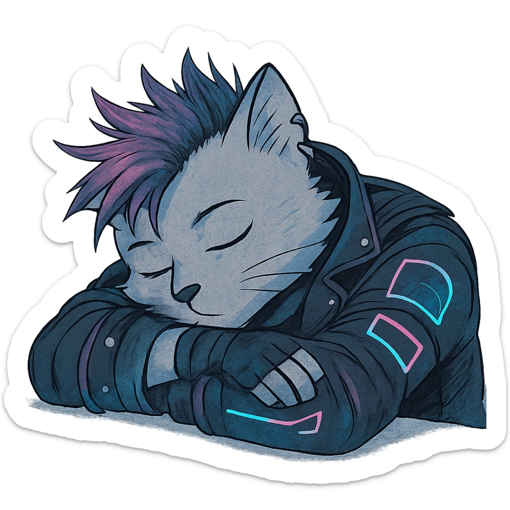  a anthro cat laying down his head to nap, punk gothic style, futuristic cyberwave cyberpunk, resting his head on his arms, head tilted sideways, light gray cata sticker