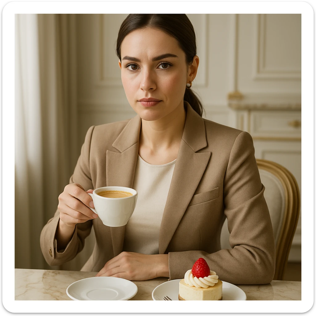 upper body portrait of a 25-35 year old woman, sophisticated and luxurious atmosphere, premium home cafe enthusiast enjoying the harmony of coffee and desserts, professional and quality-focused expression, clean and bright background sticker