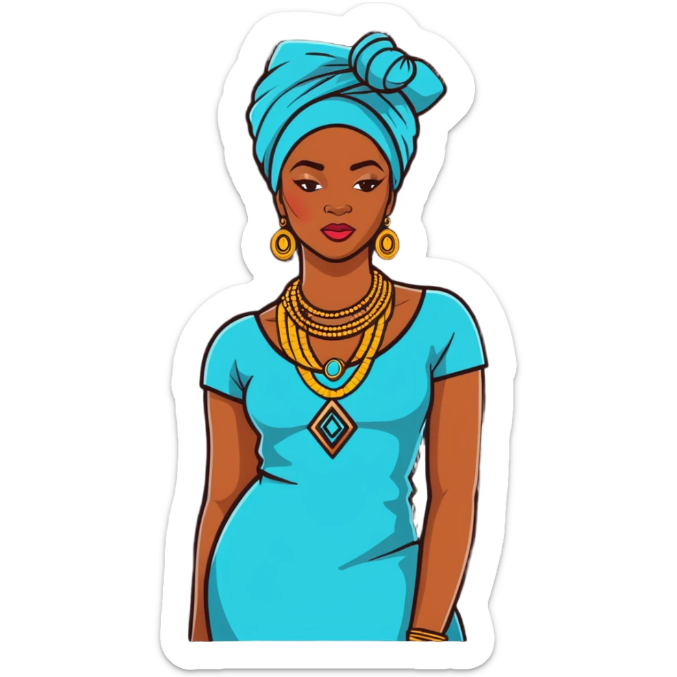 Fashionable African woman with designer clothes, stylish headwrap, statement jewelry and confident pose sticker
