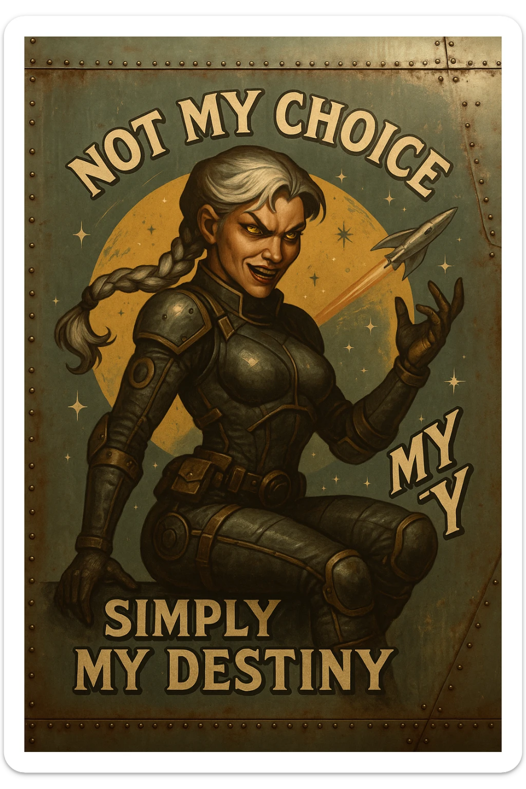 a retro military pinup fuselage decoration for the motto " not my choice, simply my destiny "
; female figure, white hair 1 braid, gold yellow eyes, spacer, fierce, exo-rogue, menacing yet taunting sticker