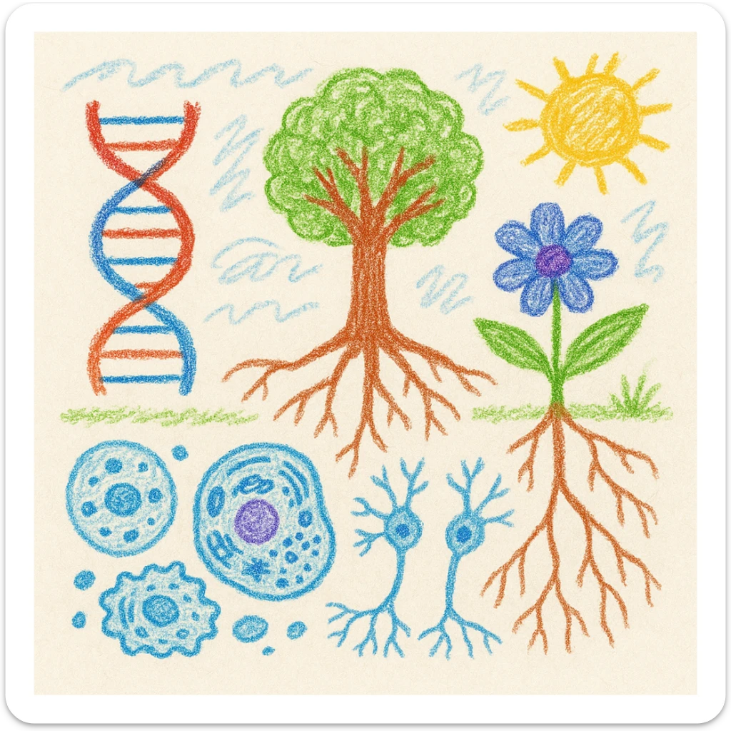 A realistic biological illustration (like in a school book) showing: DNA strands transitioning into a tree, cells with visible organelles, neurons connected to plant roots  and a balanced ecosystem background . Seamless integration, no labels or borders, white or transparent background, detailed but minimalist.  sticker