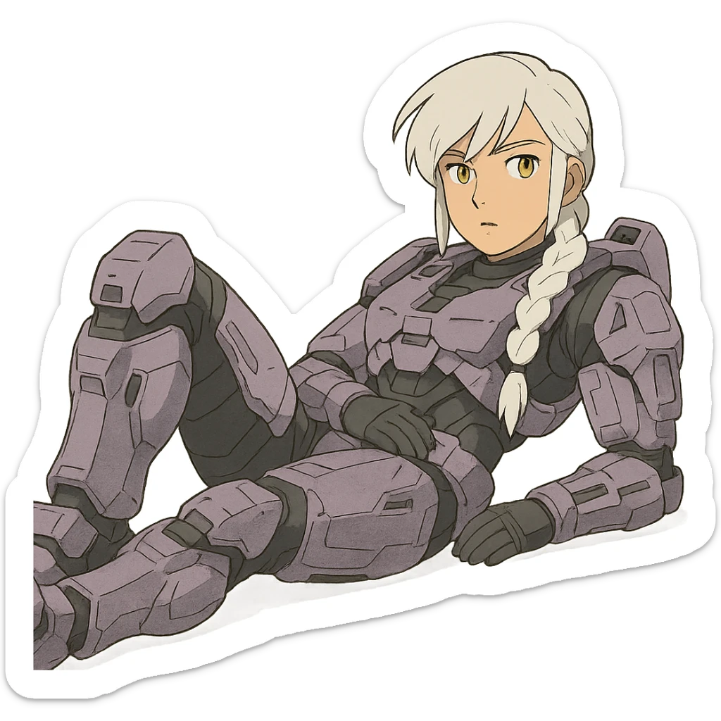 female, wearing reach spartan armor shoulder-unequip, long white braid hair with massive messy front side single bangs, gold yellow eyes, attention pose, HALO:series, no helmet, the armor is lavender color scheme, laying back and relaxing flat on the ground sticker