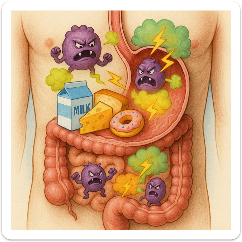 Anatomical illustration: cross-section of the human torso focusing on stomach and intestines. Inside, stylized parasites react aggressively to dairy, gluten, and sugars (foods highlighted with bright colors). The parasites release symbolic toxins like colored gas and lightning bolts. Medical illustrative style. sticker