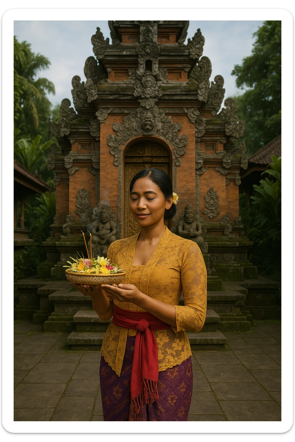 a Balinese person wearing sarong and kebaya, holding an offering, peaceful demeanor, temple in the background sticker