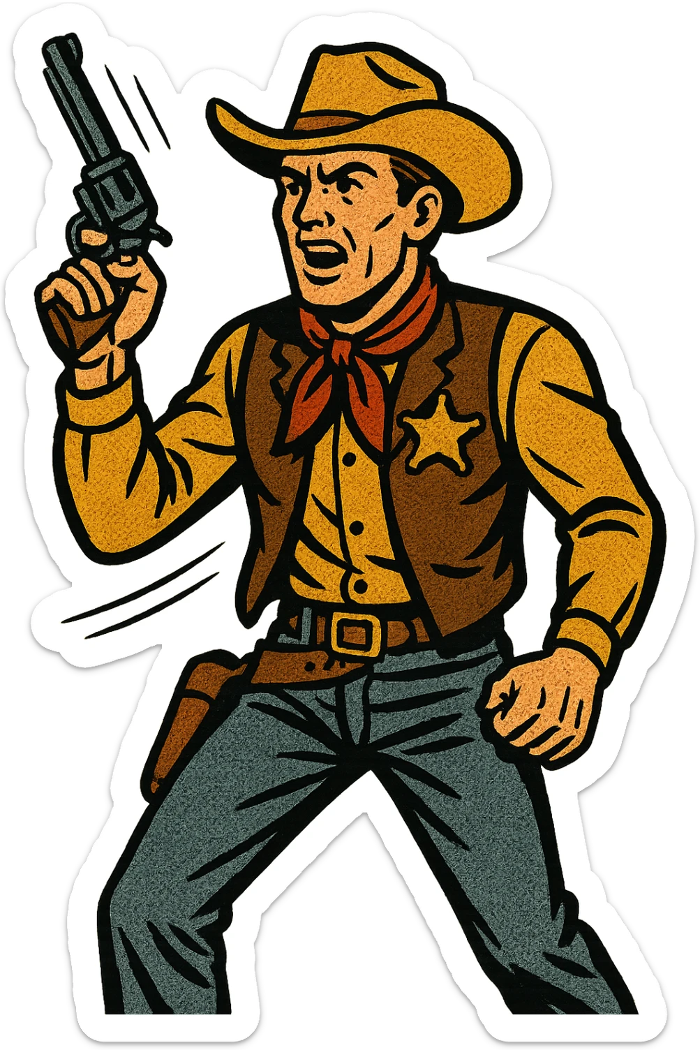 The full body of a A male sheriff from the American West holding up his pistol sticker