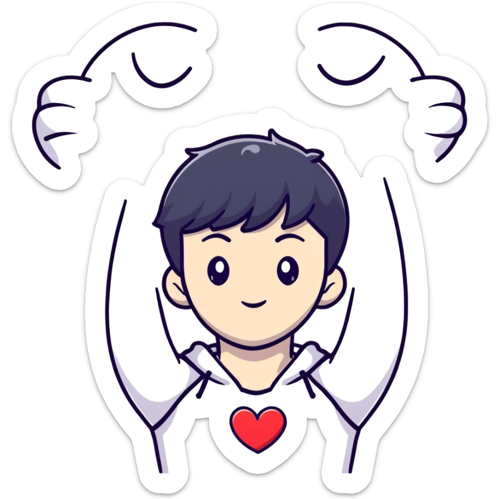 Black-haired male idol with arms forming heart shape above head, arms curved in heart outline, K-pop style sticker