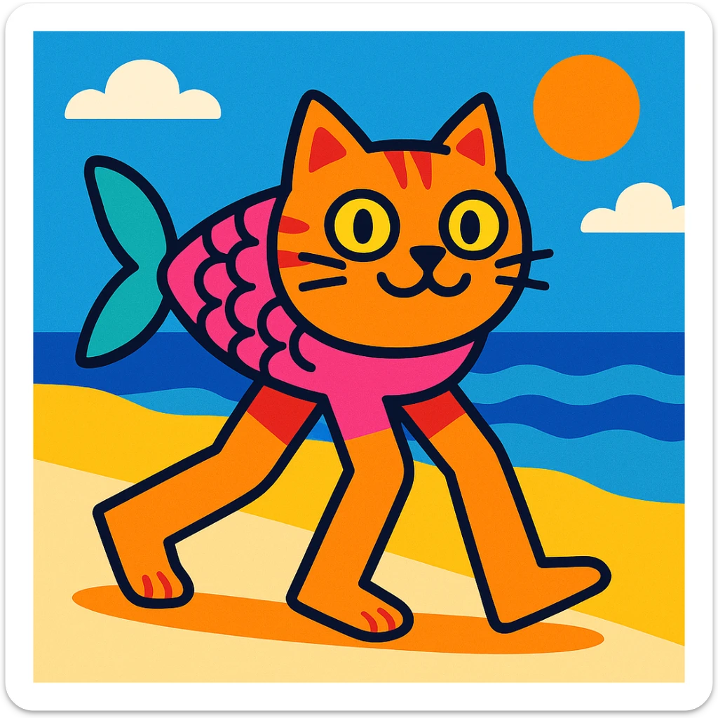 cat with fish body and four human legs, beach atmosphere, colorful cartoon style sticker