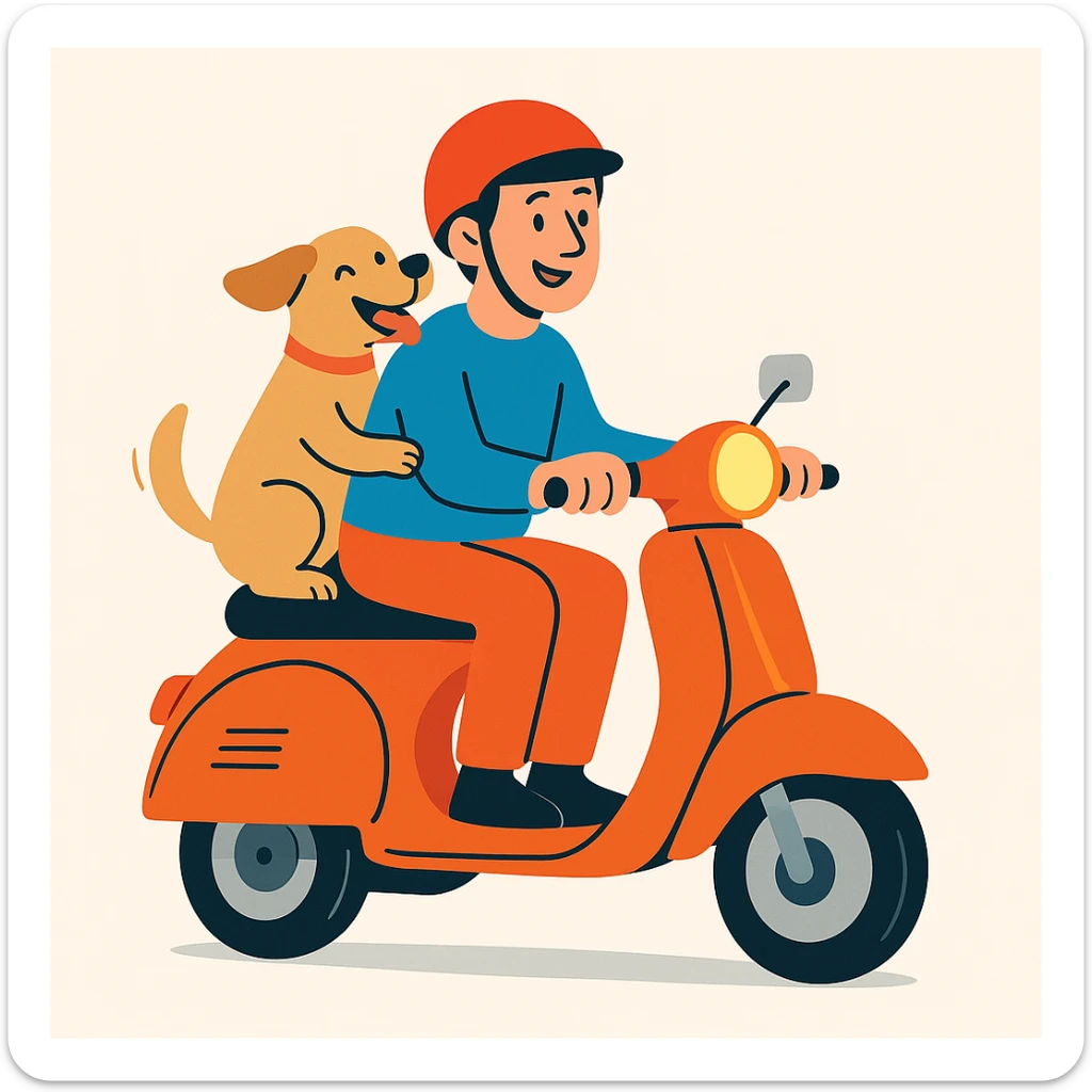 vector art of a man and his pet dog riding a vespa, for website design sticker