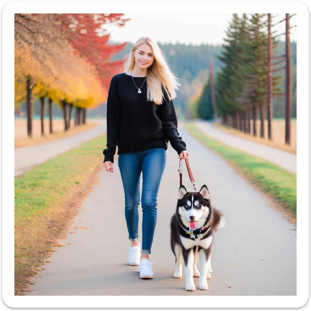 Cute Blonde woman wearing a black sweater and jeans and white sneakers walking a happy red-brown blue-eyed Siberian husky in New York City on an upper east side city sidewalk  sticker