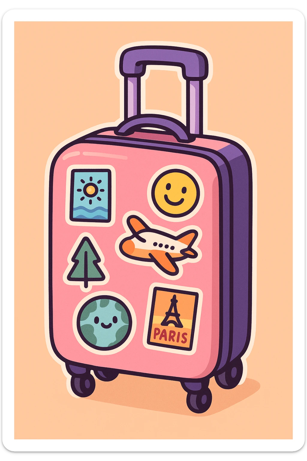 pink and purple rolling suitcase with a mix of travel stickers, thick line art, flat pastel colors, graphic shadows and highlights, white sticker outline, cute cartoon style, variation 3 sticker