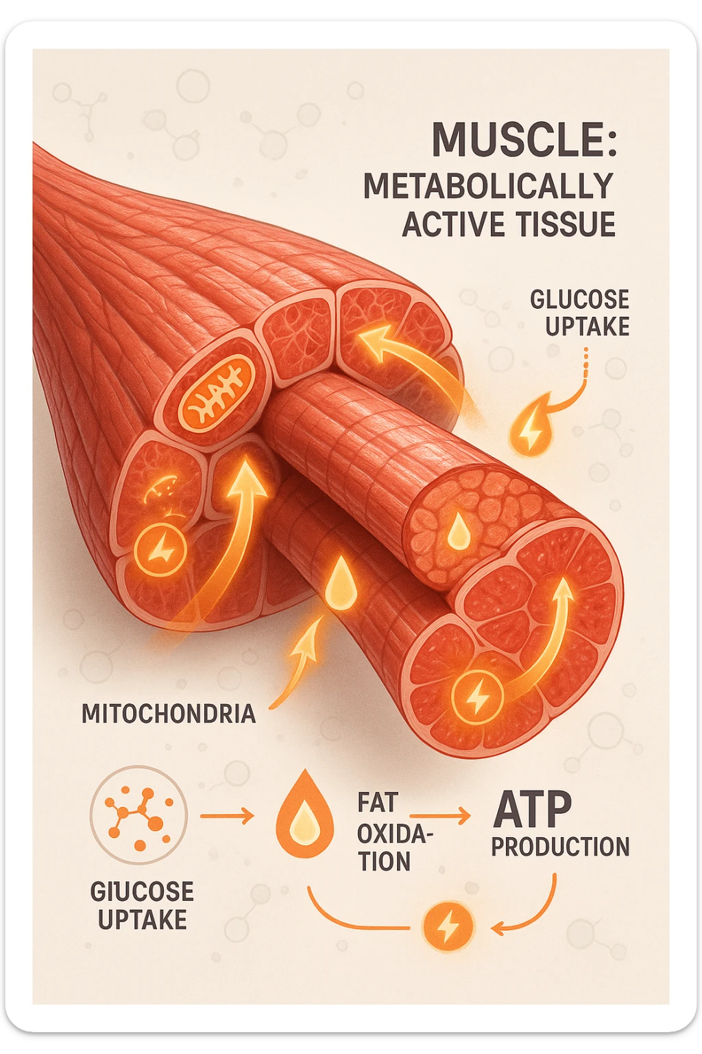 a highly detailed cross-section of human skeletal muscle fibers, shown in vibrant red and pink tones, with visible striations and realistic texture. Glowing arrows and animated icons represent active metabolic processes—such as glucose uptake, fat oxidation, and ATP production—occurring within the muscle tissue. Surrounding the muscle, floating symbols for mitochondria and energy highlight its metabolic activity. The background is clean and clinical, with subtle labels and infographics explaining that muscle is a metabolically active tissue. The overall style is modern, scientific, and visually engaging, suitable for educational or medical use. sticker