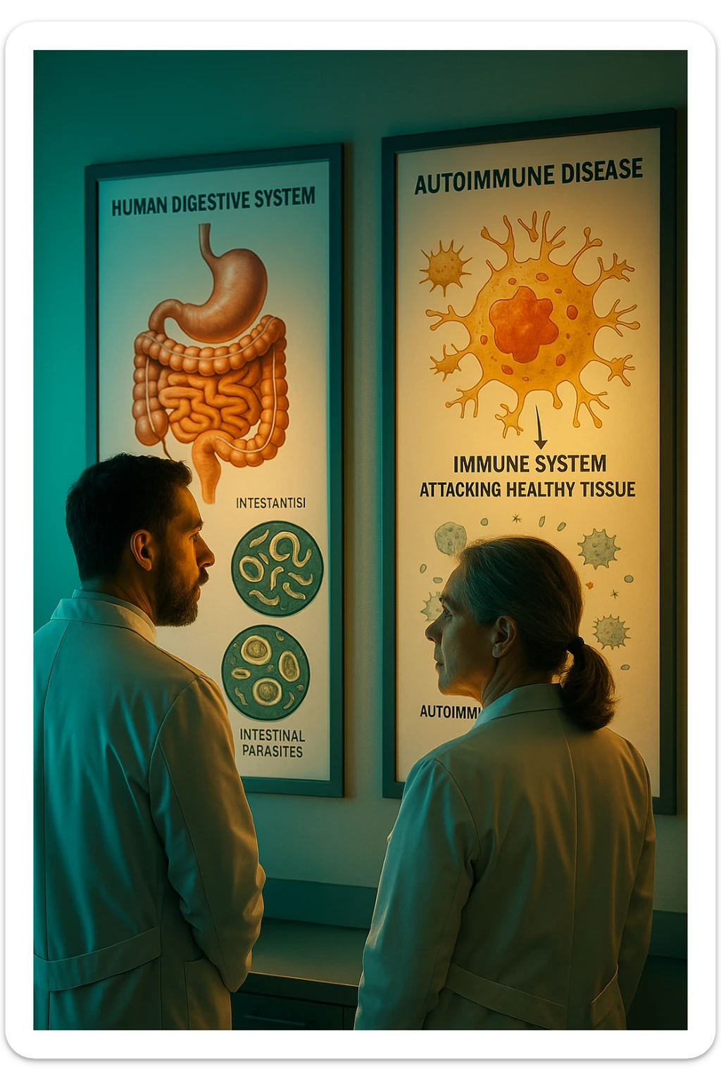 In italiano Realistic, detailed photo taken from behind of two doctors—a bearded man and a middle-aged woman—standing side by side in a modern medical office, intently studying a large, illuminated medical chart on the wall. The chart displays a detailed diagram of the human digestive system, highlighting the intestines and showing microscopic images of intestinal parasites. Next to it, another chart illustrates the immune system attacking healthy tissues, visually connecting gut parasites to autoimmune disease mechanisms. The room is bathed in a single green-blue color, with a warm, yellow-orange light casting soft shadows around the doctors. Both wear white coats and have serious, focused expressions, suggesting a deep discussion about the root causes of autoimmune conditions. Shot with a Canon EOS R5, with high detail, natural depth of field, and a clinical yet dramatic atmosphere. sticker