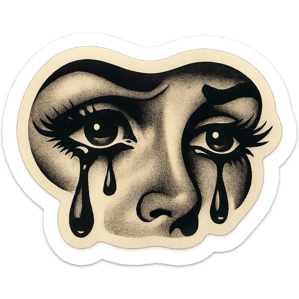 crying female eyes, gloomy, expressive, with long eyelashes, sharp black contours, sharp shadows and highlights, retro stickers style, no gradients sticker