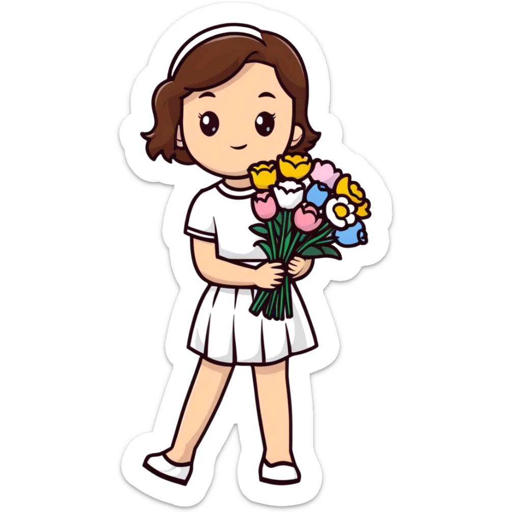girl with brown hair wearing a white skirt holding a bouquet of flowers sticker
