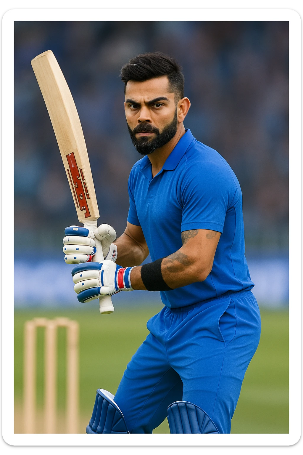 Virat Kohli, cricket legend, focused look, blue sportswear, signature beard, stylish hair, ready to bat sticker
