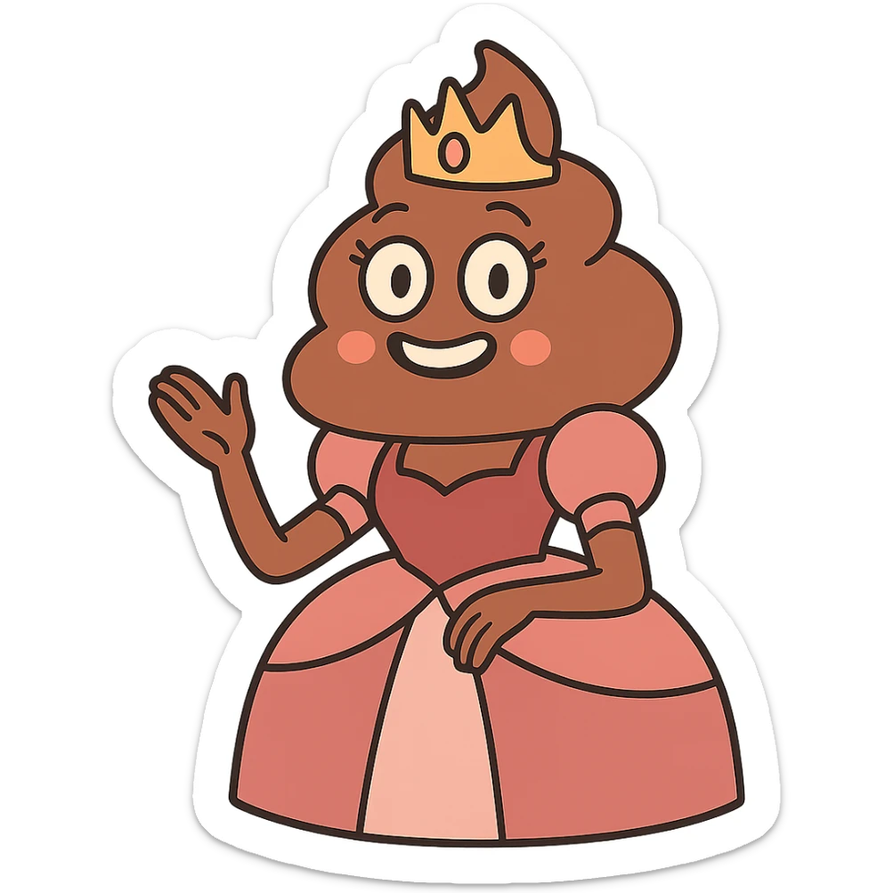 poop princess, cartoon style, wearing a royal gown and tiara sticker