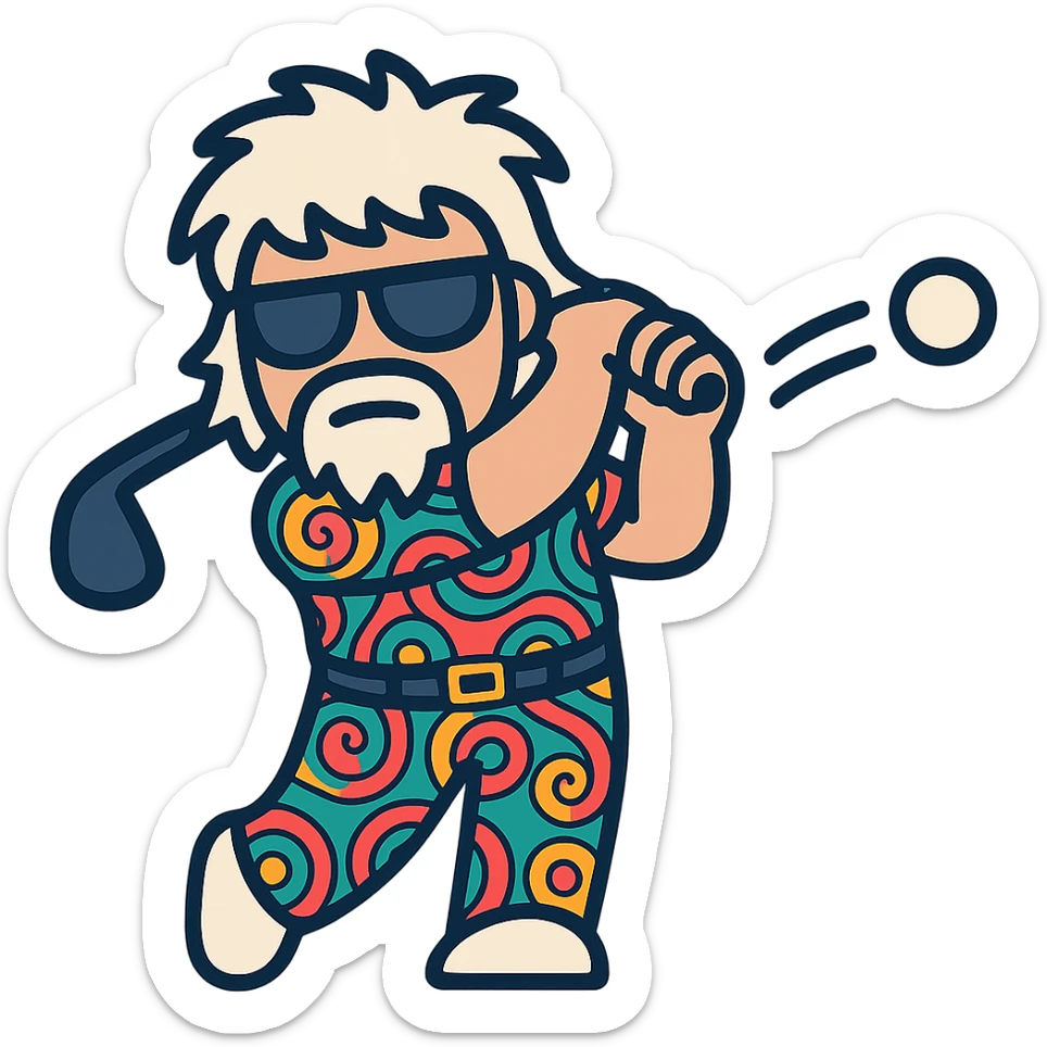 Create an icon of John Daly swinging a golf club with a golf ball in motion, in the same style as the reference image, with a transparent background. sticker