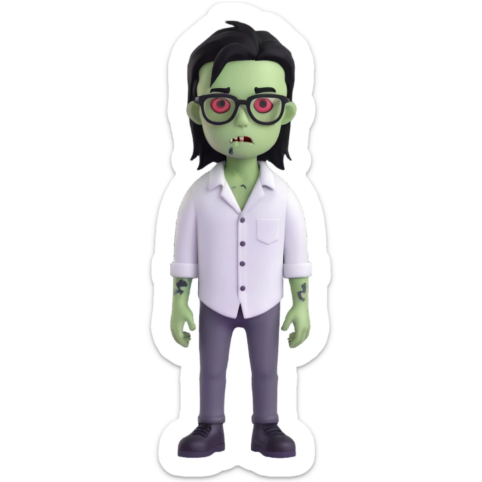 zombie boy with long black emo hair, glasses and white shirt, 3D emoji style sticker