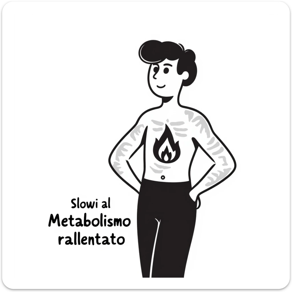 Illustrazione concettuale: silhouette di uomo con muscoli trasparenti e una fiamma piccola al centro, testo in italiano: “Metabolismo rallentato”. sticker