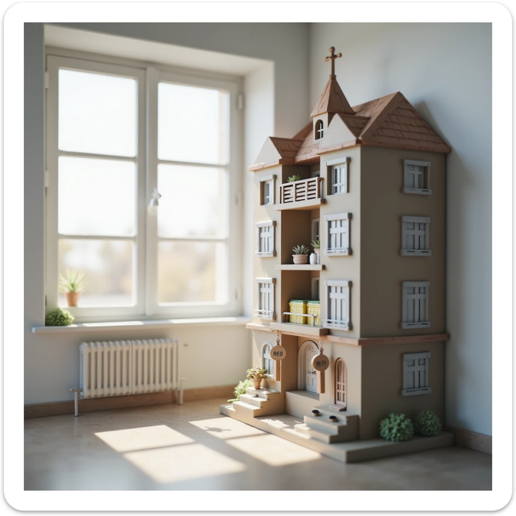 realistic apartment rent icon, modern apartment building, key and rent sign, natural lighting sticker