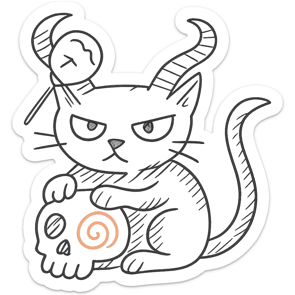 Add the iconic lollipop from the Trick 'R Treat movie hanging from one of the cat's demon horns, hand drawn style with dynamic outlines, no fill, preserve the red spiral on the skull, transparent background. sticker