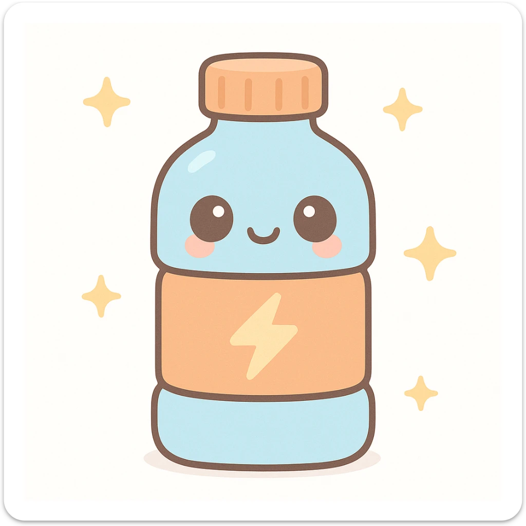kawaii style sports drink bottle with a cheerful face, pastel blue and orange colors, and a lightning bolt symbol sticker