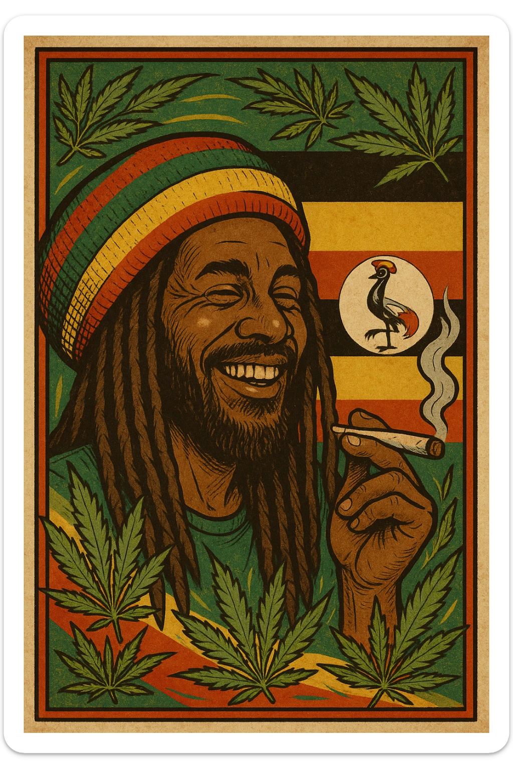 “A digital vintage-style poster illustration of a smiling Ugandan Rasta man with long dreadlocks, wearing a red, yellow, green striped tam hat. He is smoking a herbal spliff. The background features the authentic Uganda flag with accurate black, yellow, and red horizontal stripes, and includes the official grey crowned crane emblem on the right side. Surround the scene with stylized cannabis leaves and Rasta colors to enhance the reggae vibe. Use a warm, textured retro color palette and artistic shading to give it a nostalgic roots feel. The mood should be positive, vibrant, and soulful — honoring Ugandan culture and Rasta lifestyle.” sticker